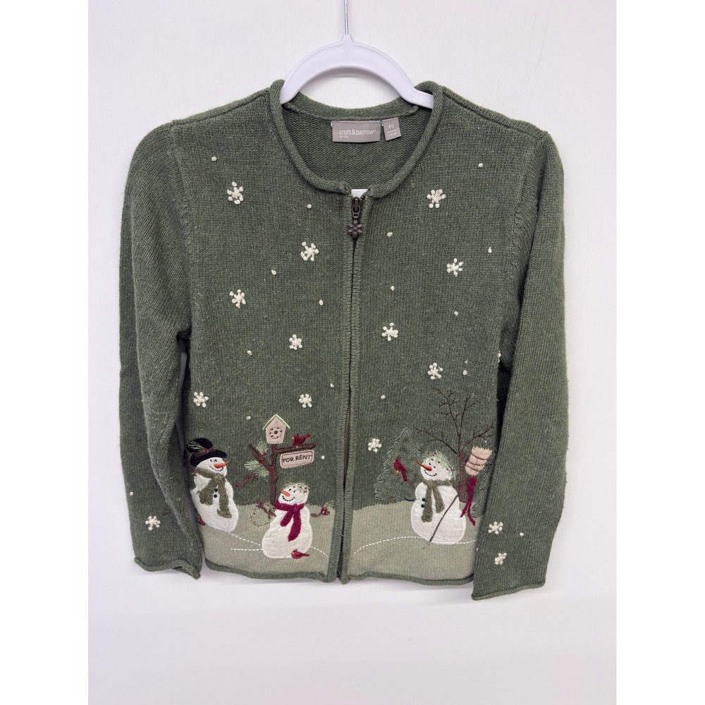 Croft & Barrow Christmas Cardigan Women PS Green Snowman Embroidered Cottagecore